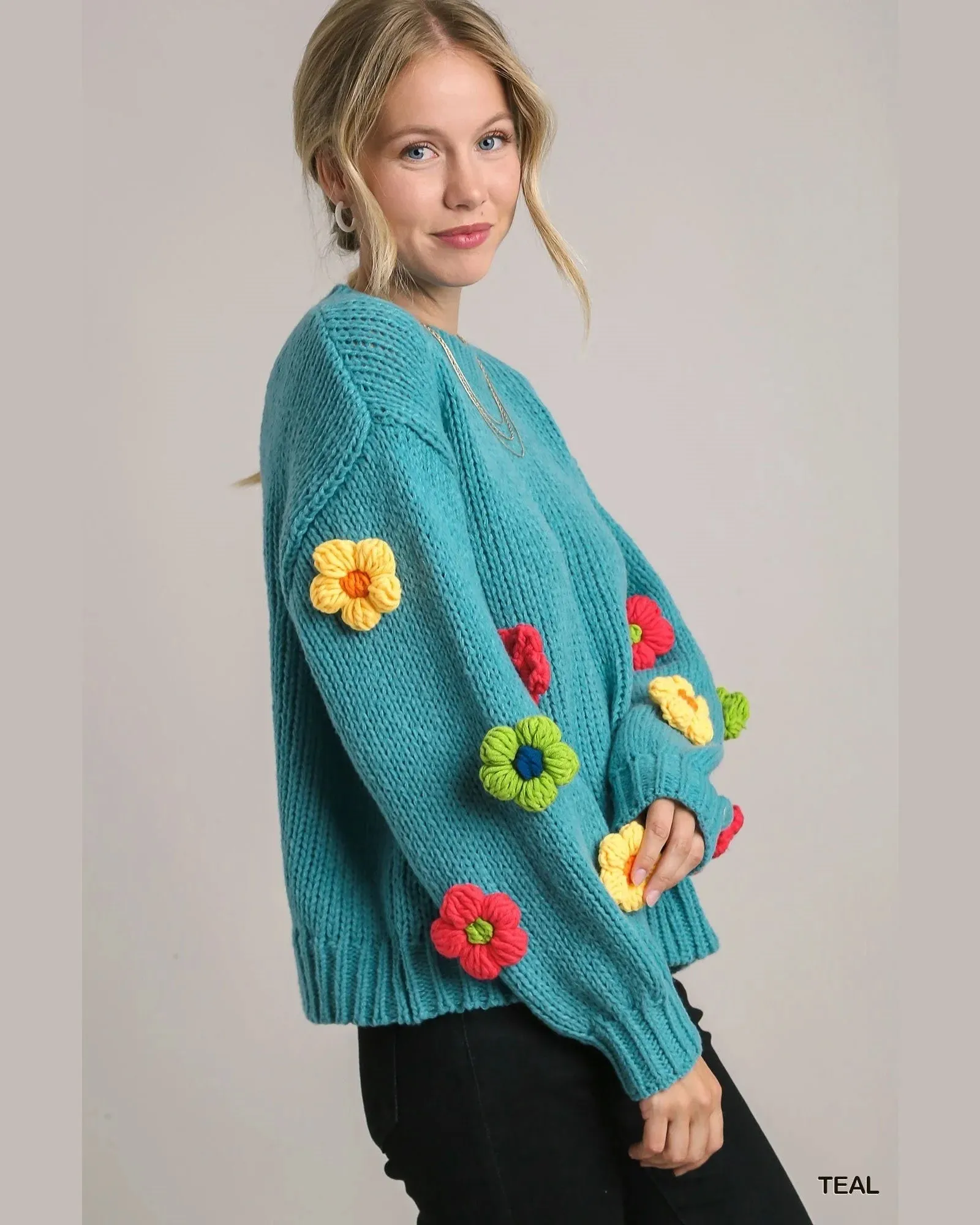 3D Floral Knit Pullover Sweater