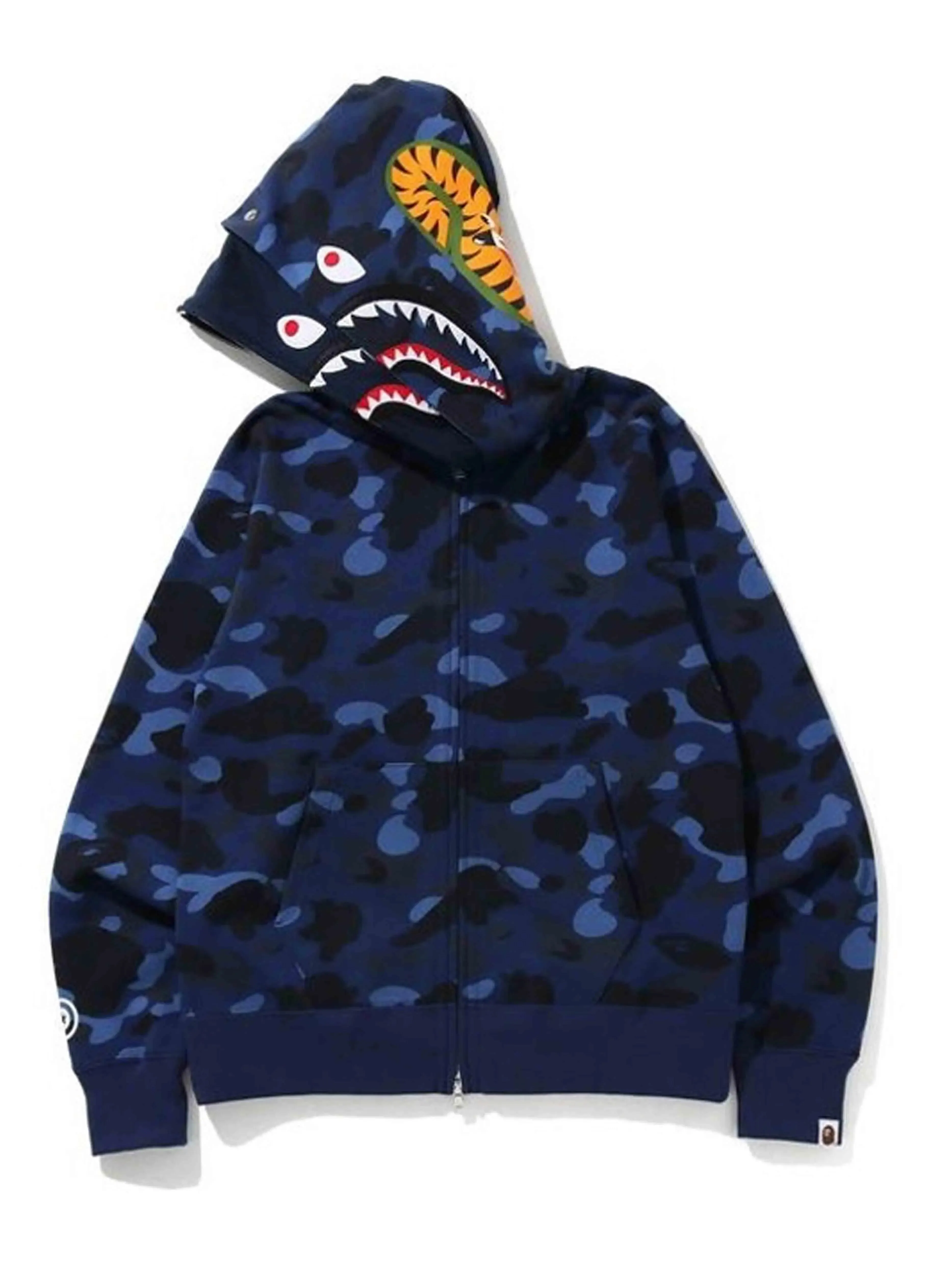 A Bathing Ape Colour Camo Tiger Shark Wide Full Zip Double Hoodie Navy [SS21]