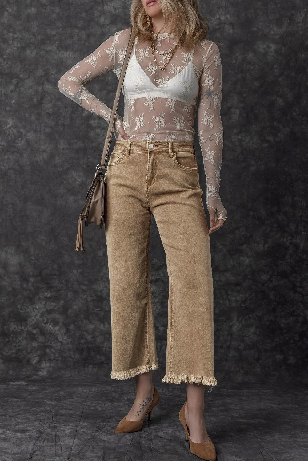 Acid Washed High Rise Cropped Wide Leg Jeans