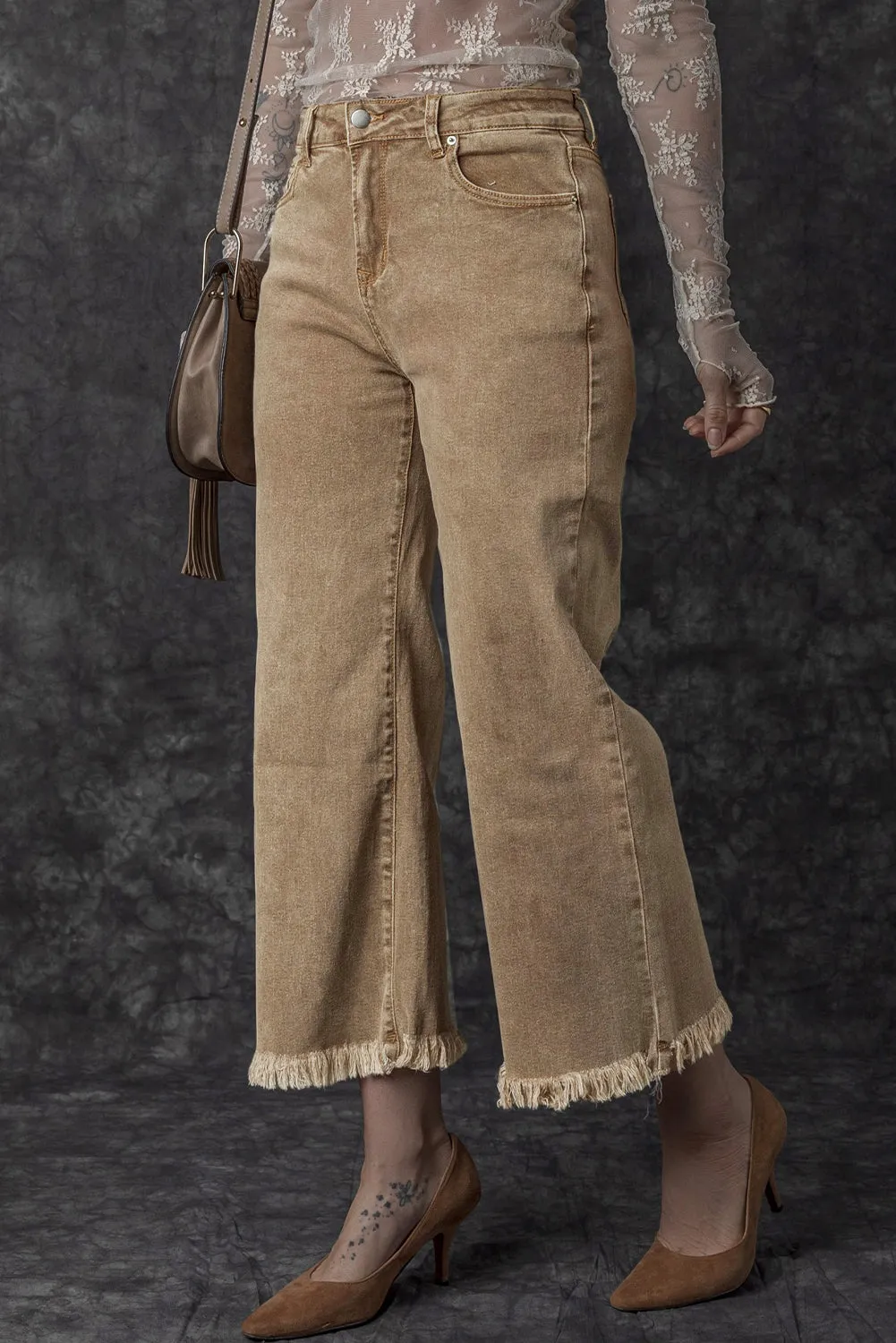 Acid Washed High Rise Cropped Wide Leg Jeans