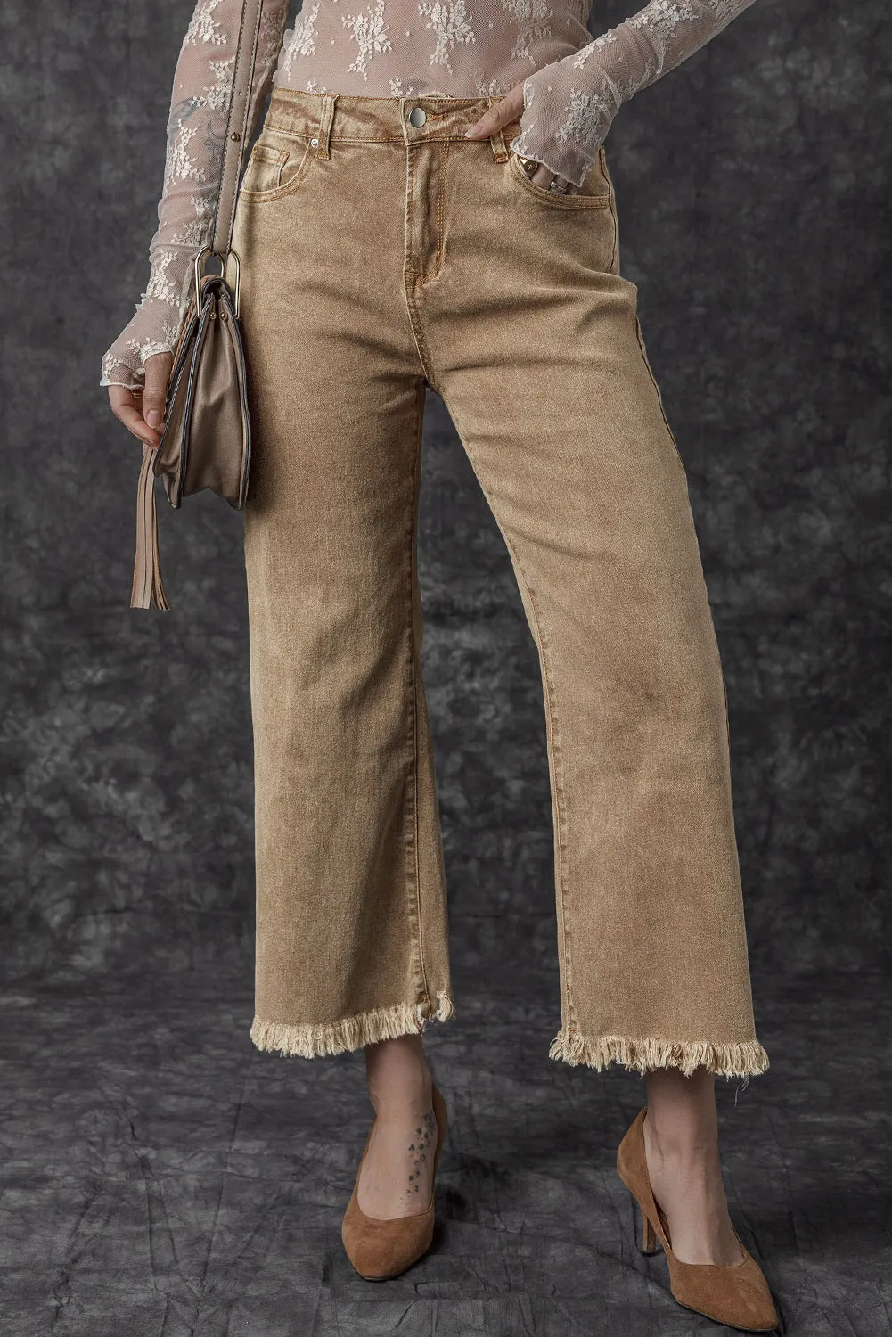 Acid Washed High Rise Cropped Wide Leg Jeans