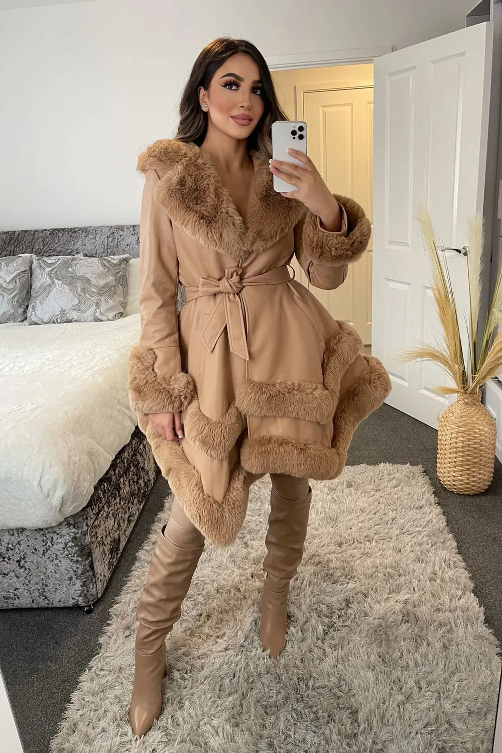 Allana Camel PU Faux Leather Faux Fur Tiered Trim Belted Longline Coat