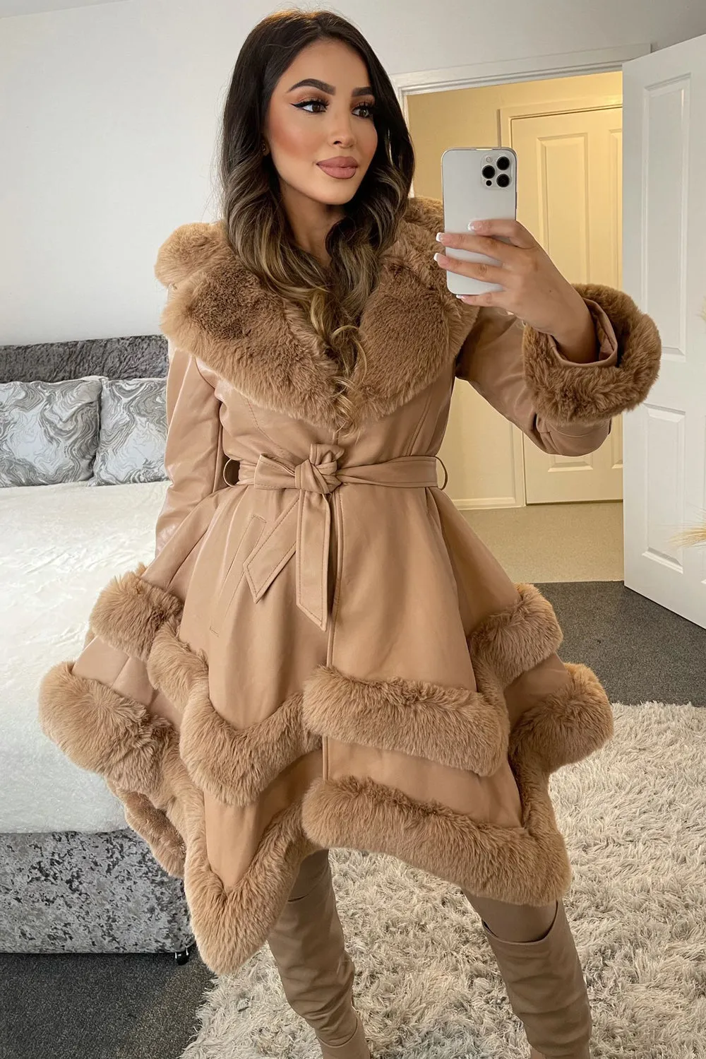 Allana Camel PU Faux Leather Faux Fur Tiered Trim Belted Longline Coat