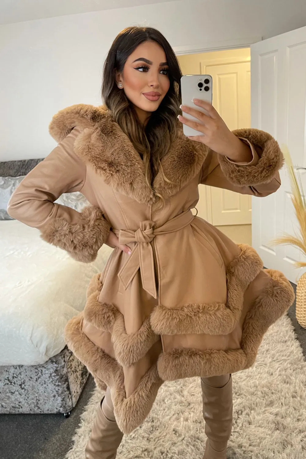 Allana Camel PU Faux Leather Faux Fur Tiered Trim Belted Longline Coat