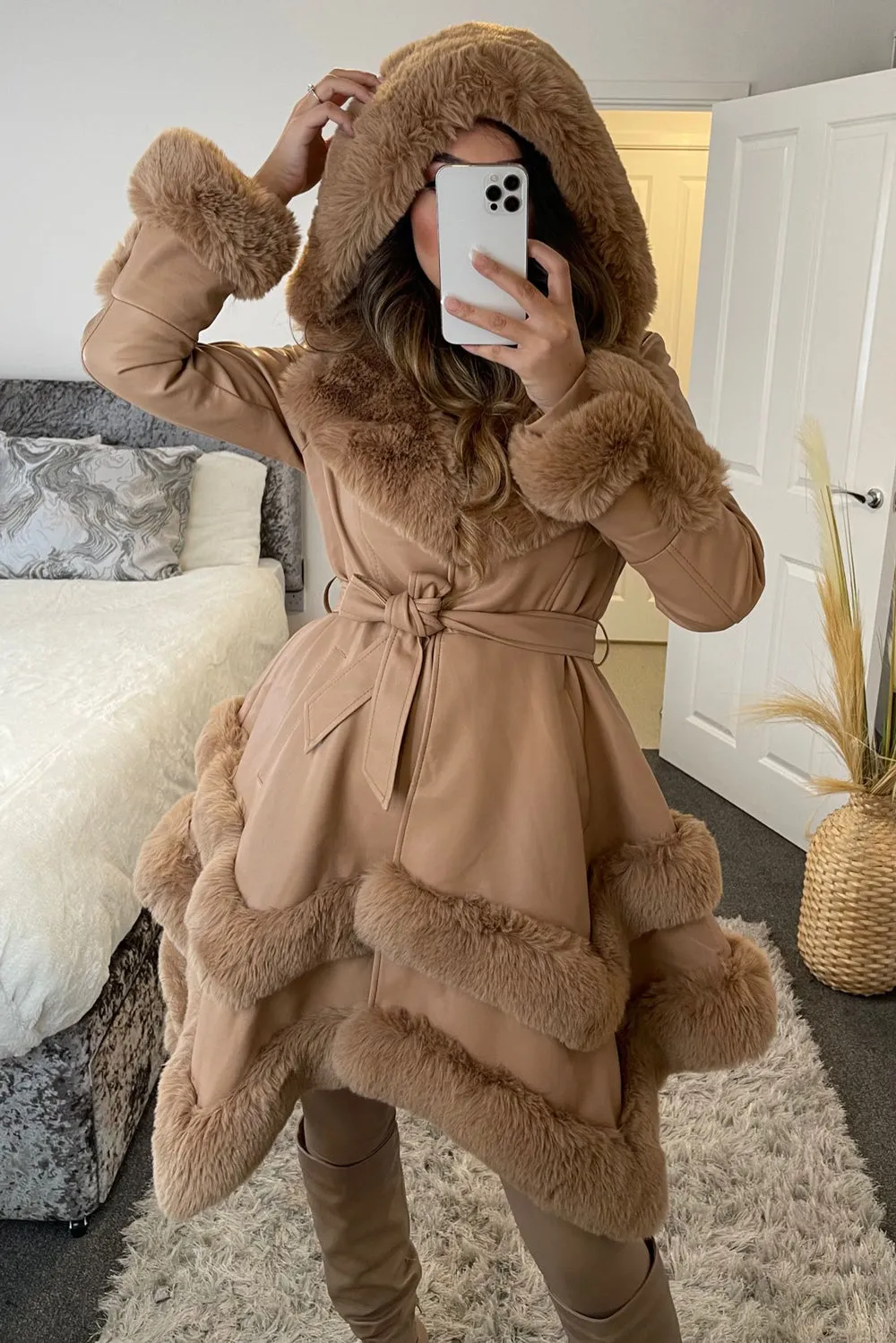 Allana Camel PU Faux Leather Faux Fur Tiered Trim Belted Longline Coat