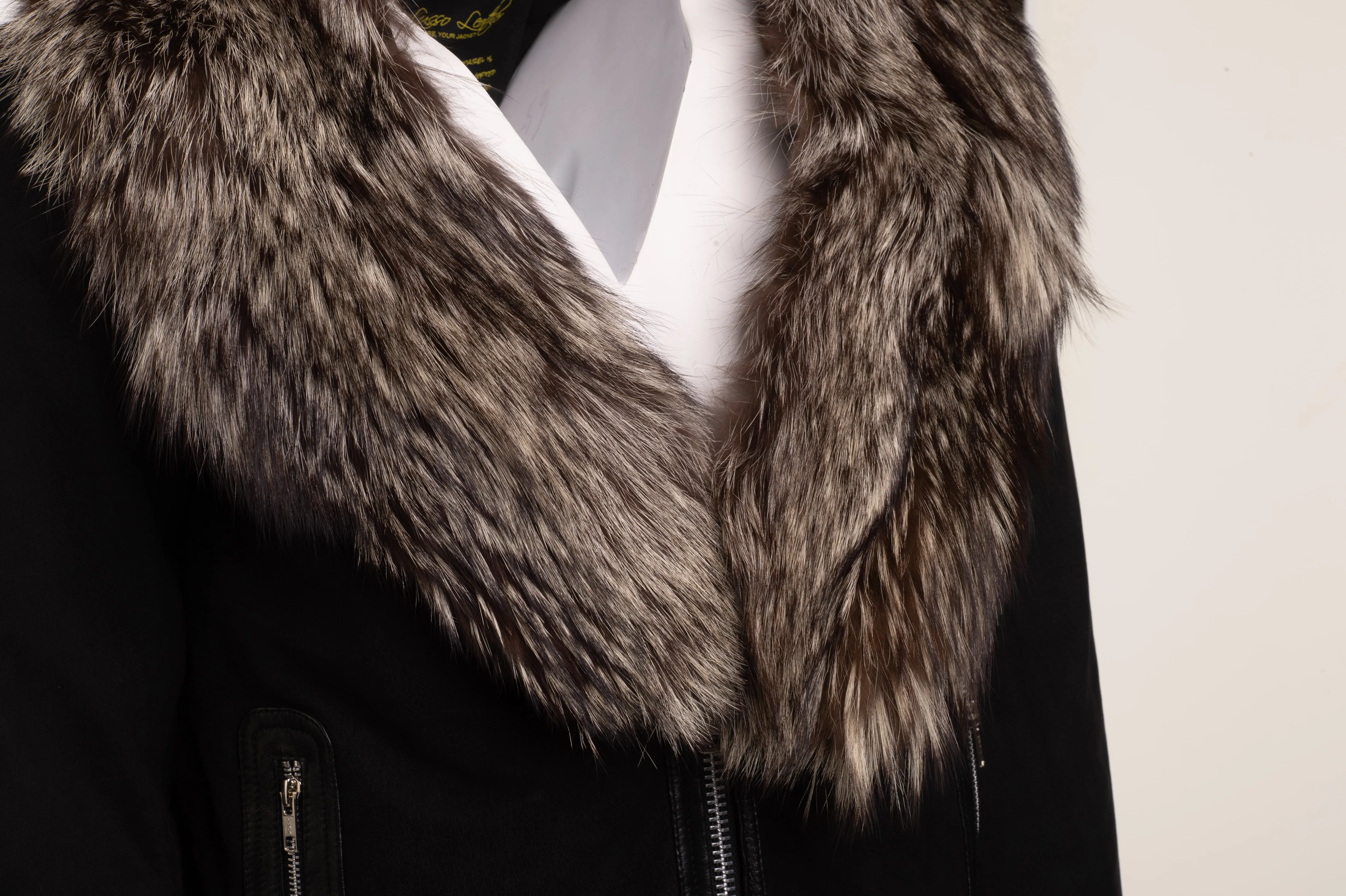 Allen Black Nubuck  Leather jacket with Real Fox Fur on collar and hoodie