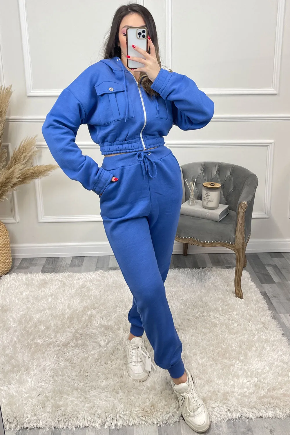 Annabell Royal Blue Pocket Cropped Hoodie and Joggers Tracksuit Set