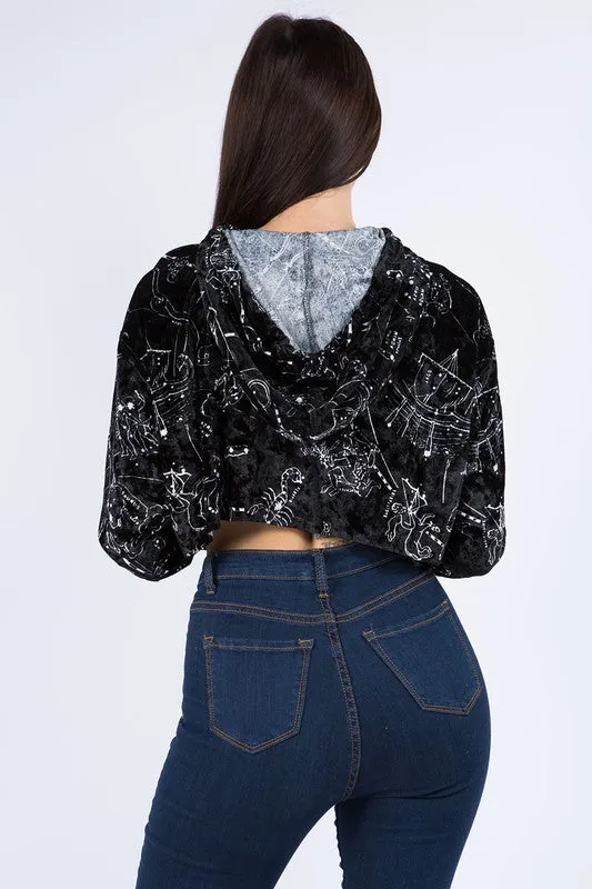 Astrology Print Velvet Cropped Hoodie