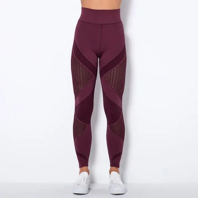 Autumn Seamless Hollow Out Yoga Leggings Work Out Fitness Gym Yoga Pantalones High Elastics High Waist Sports Slim Trousers