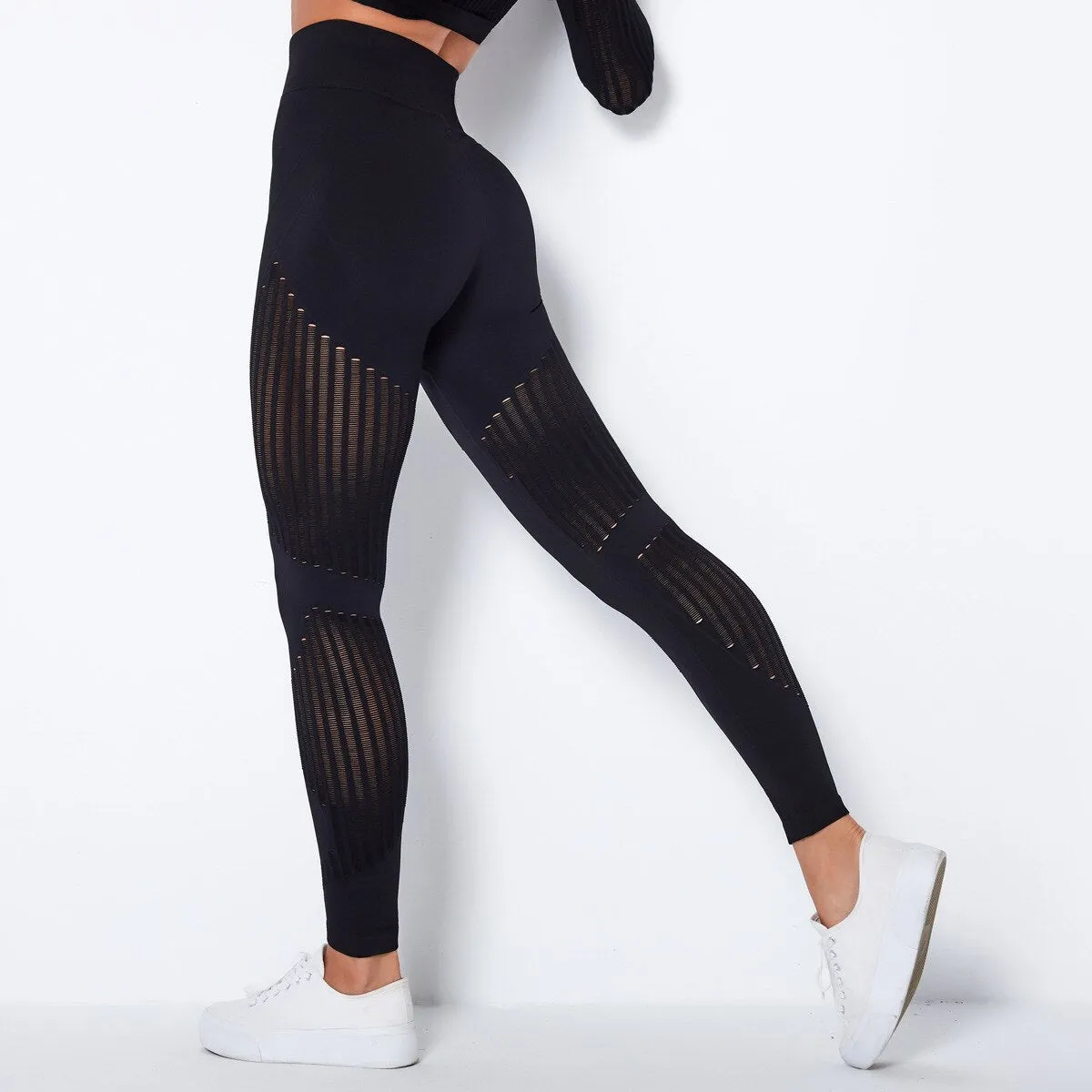 Autumn Seamless Hollow Out Yoga Leggings Work Out Fitness Gym Yoga Pantalones High Elastics High Waist Sports Slim Trousers