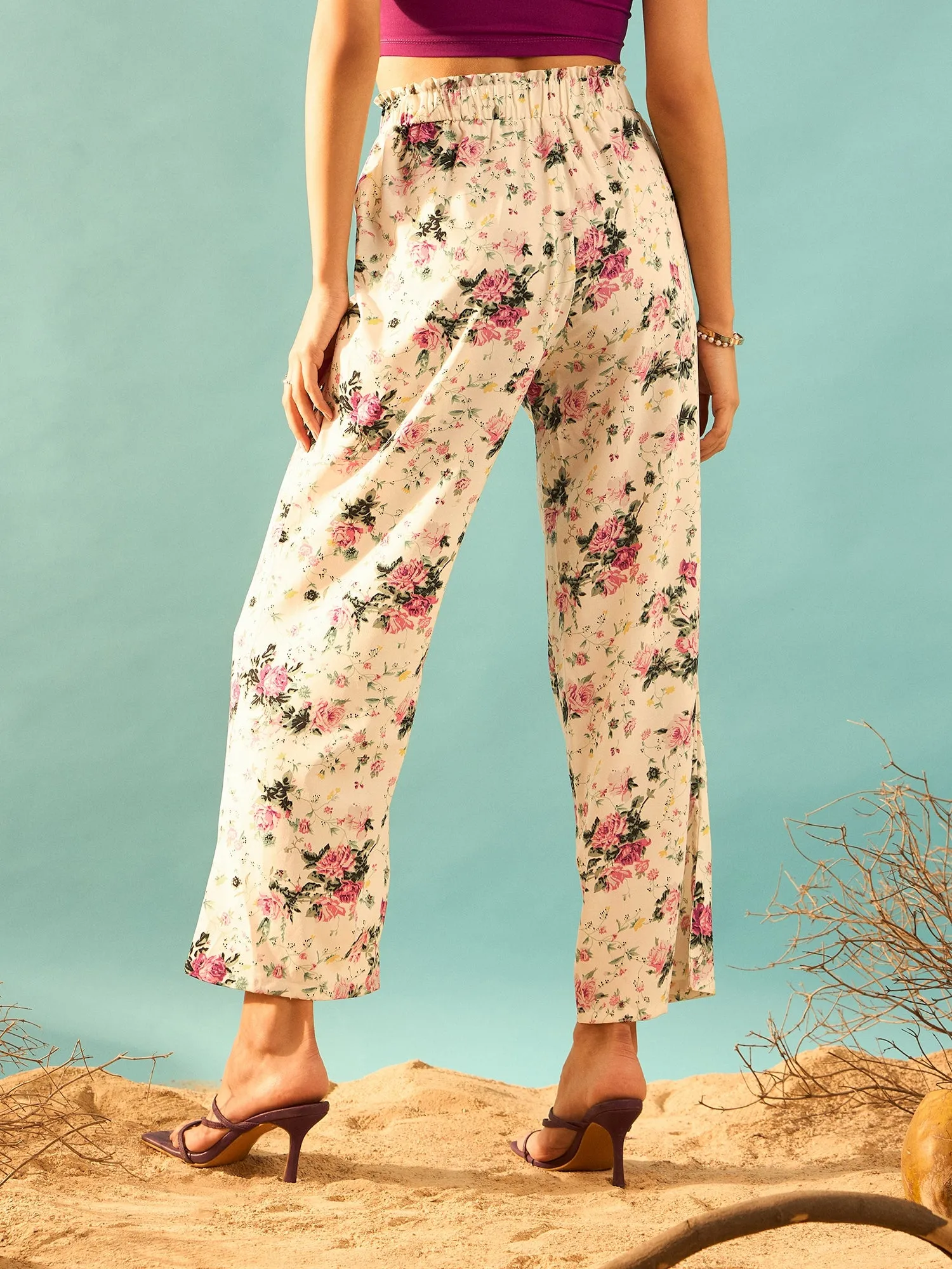 Berrylush Women Beige & Pink Floral Printed High-Rise Elastic Waist Loose-Fit Slip-On Pleated Regular Trousers