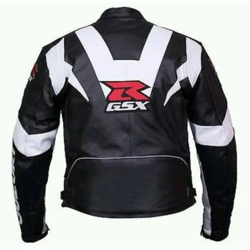 Black and white suzuki gsxr motorycle jacket with armor protection