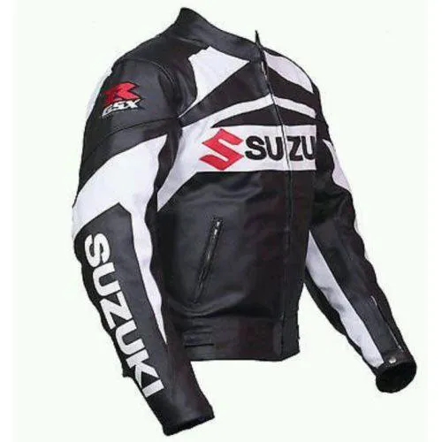 Black and white suzuki gsxr motorycle jacket with armor protection