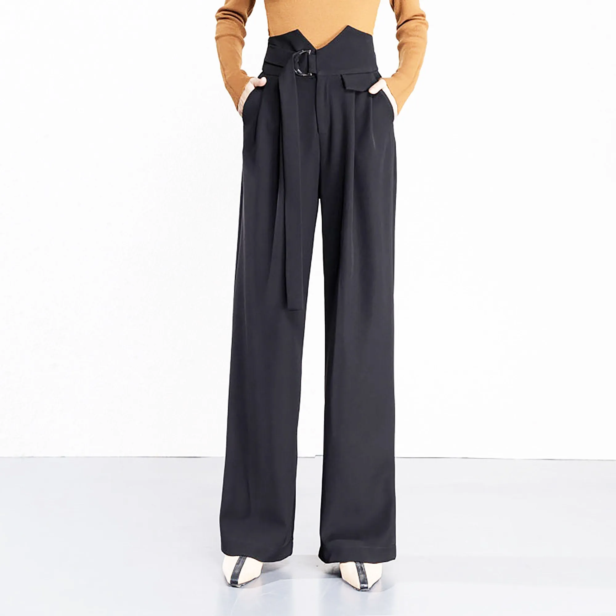 Black D-Ring Belt Wide Leg Pants