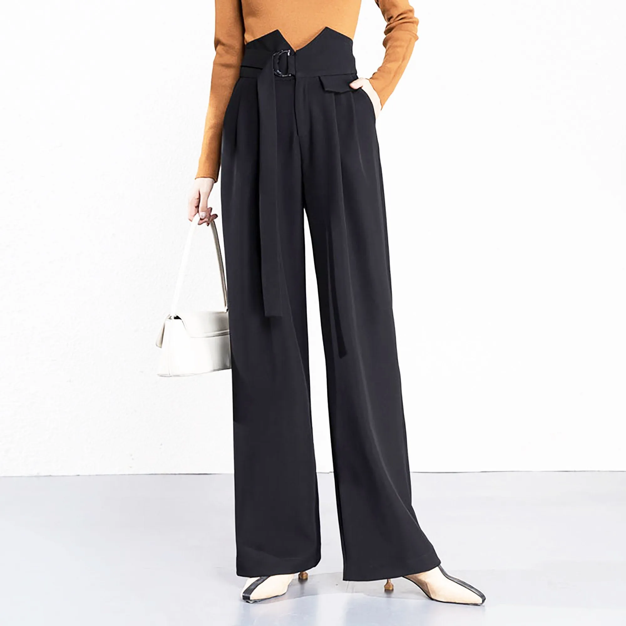 Black D-Ring Belt Wide Leg Pants