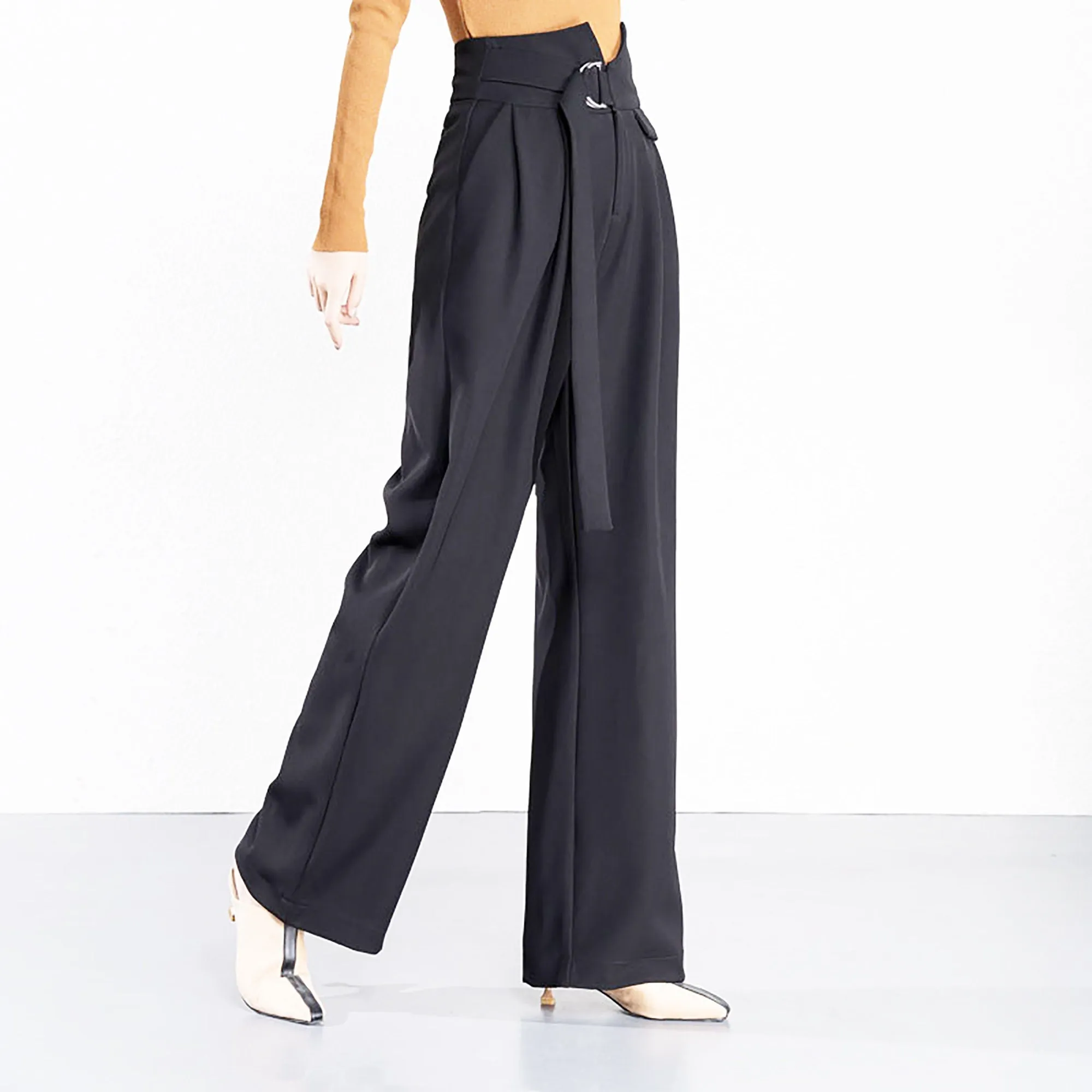 Black D-Ring Belt Wide Leg Pants