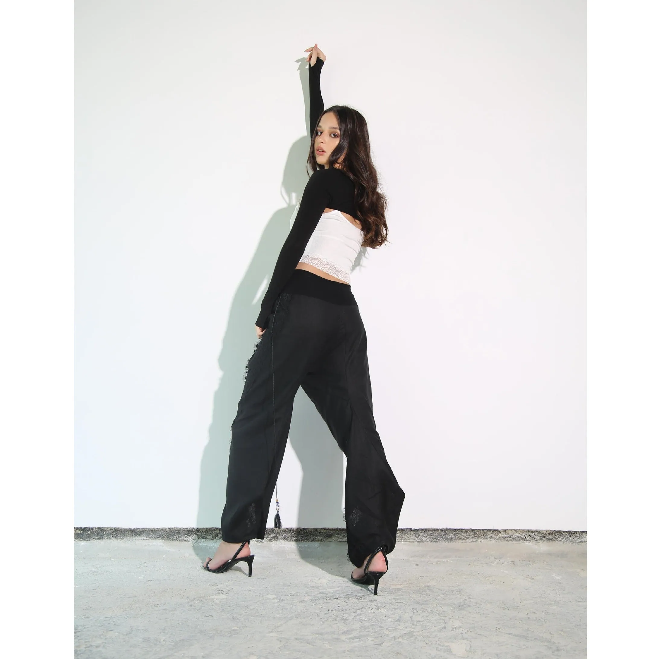 Black Linen Pants with Lace Detail