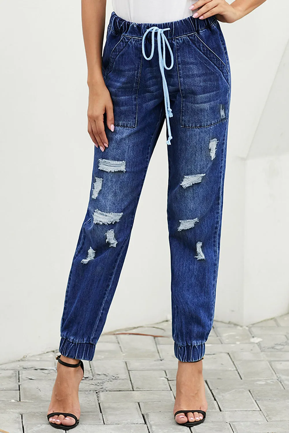 Blue Distress Drawstring Pocketed Ripped Jean Joggers