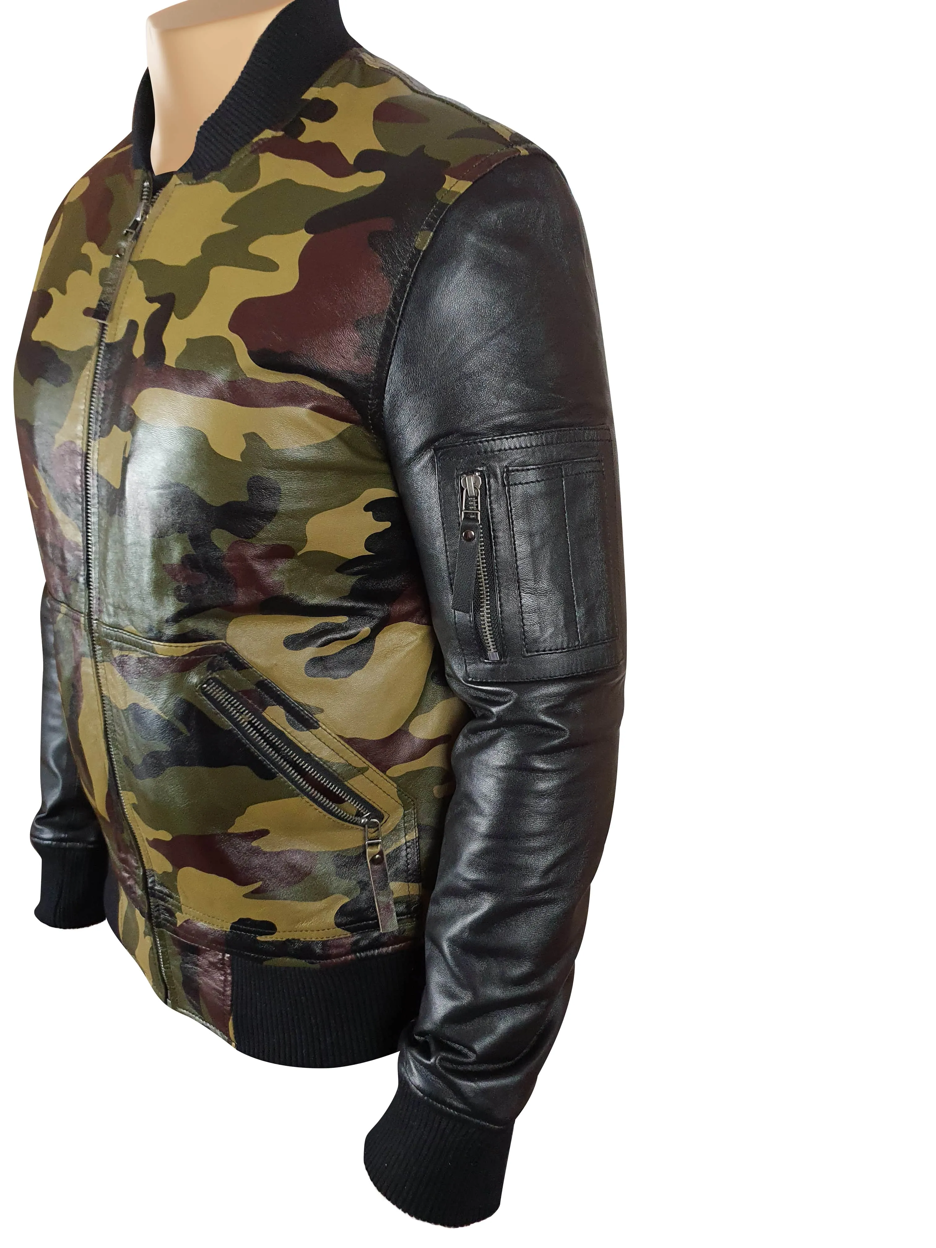 Bomber Camouflage Military print leather jacket with Back sleeves