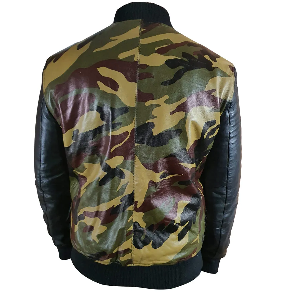 Bomber Camouflage Military print leather jacket with Back sleeves