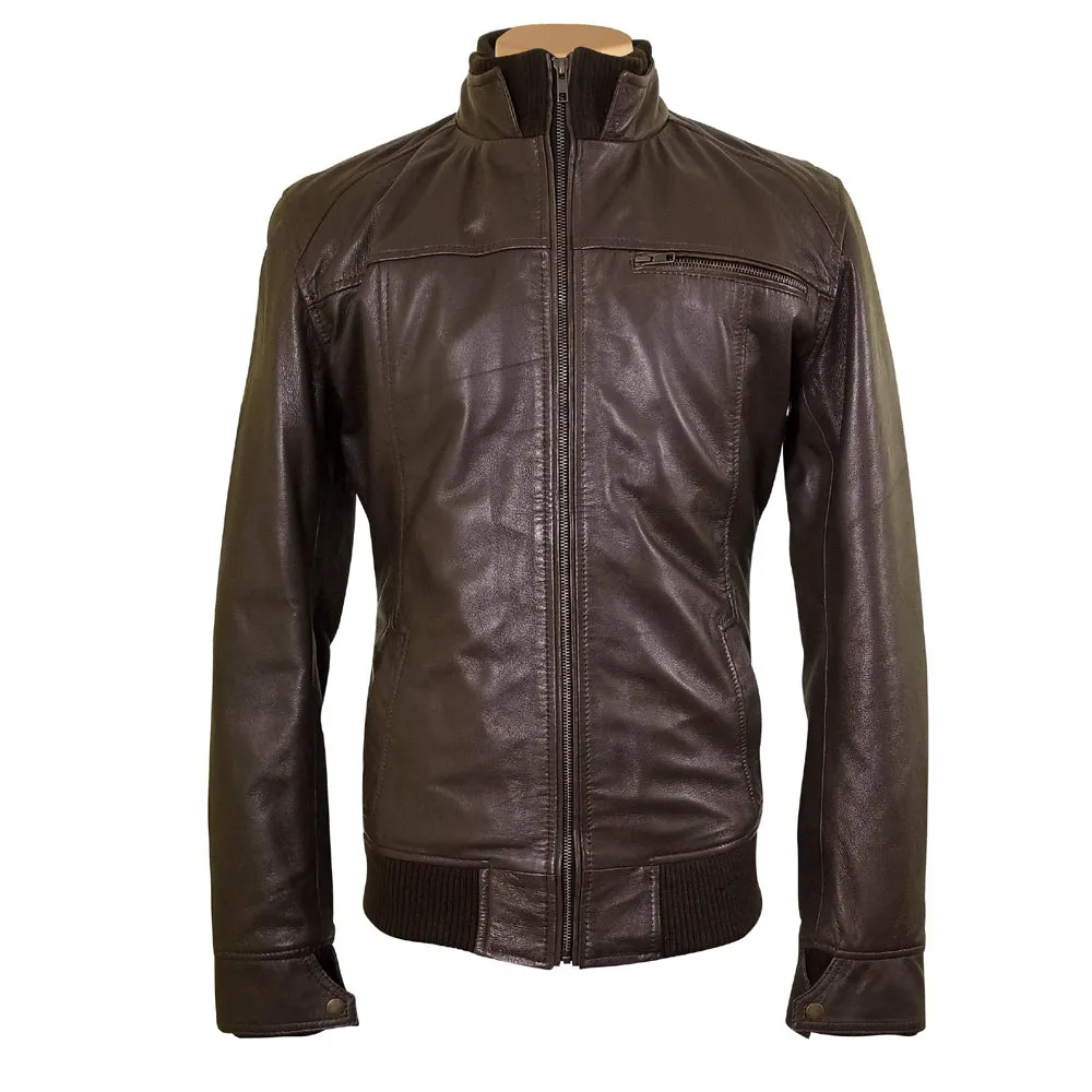 Brown leather jacket with straight ribbed collar, cuffs and hem