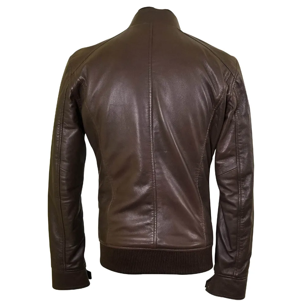 Brown leather jacket with straight ribbed collar, cuffs and hem