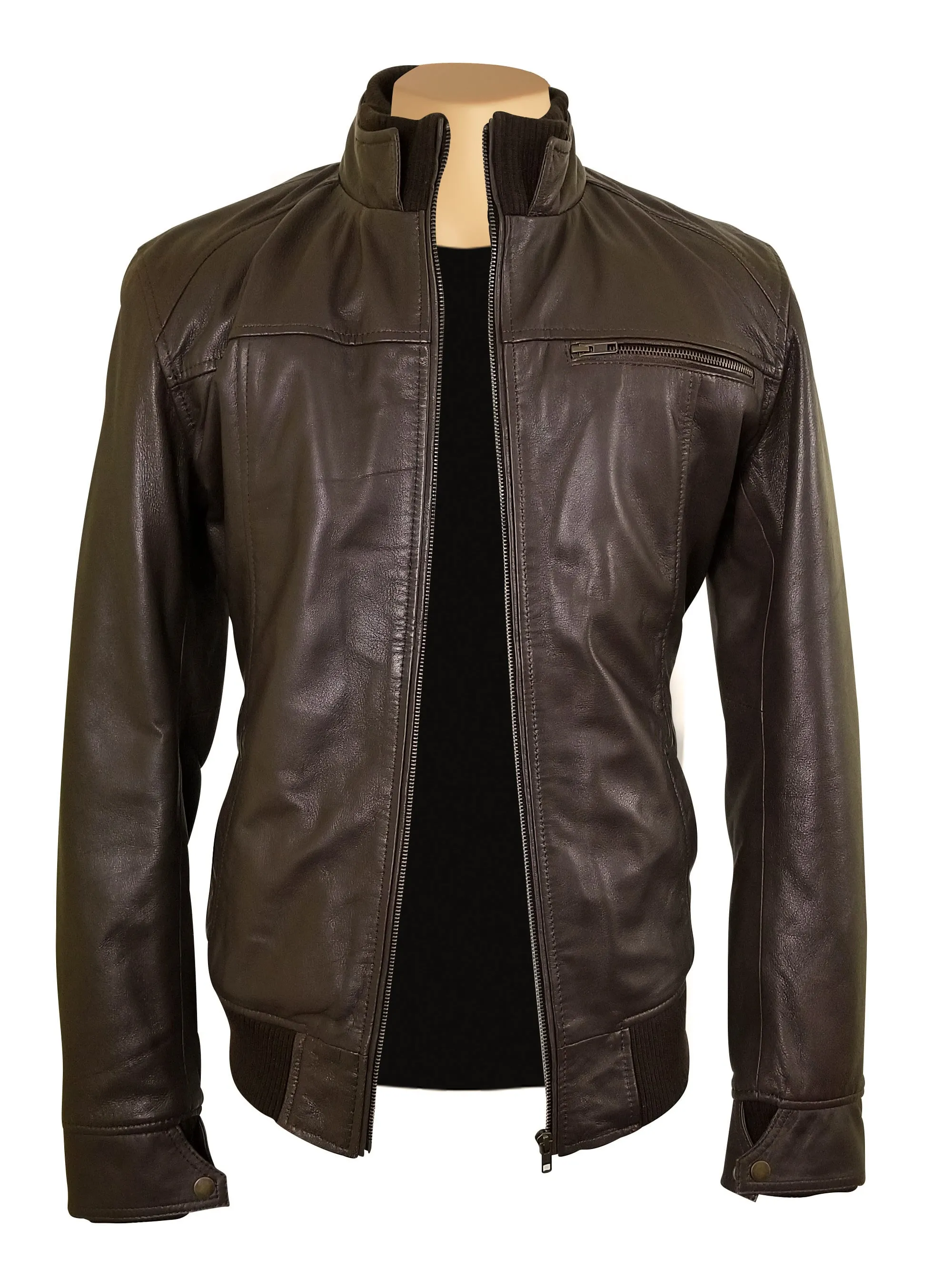 Brown leather jacket with straight ribbed collar, cuffs and hem