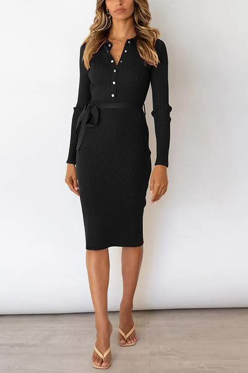 Button Knit Bleted Long Sleeve Slim Dress