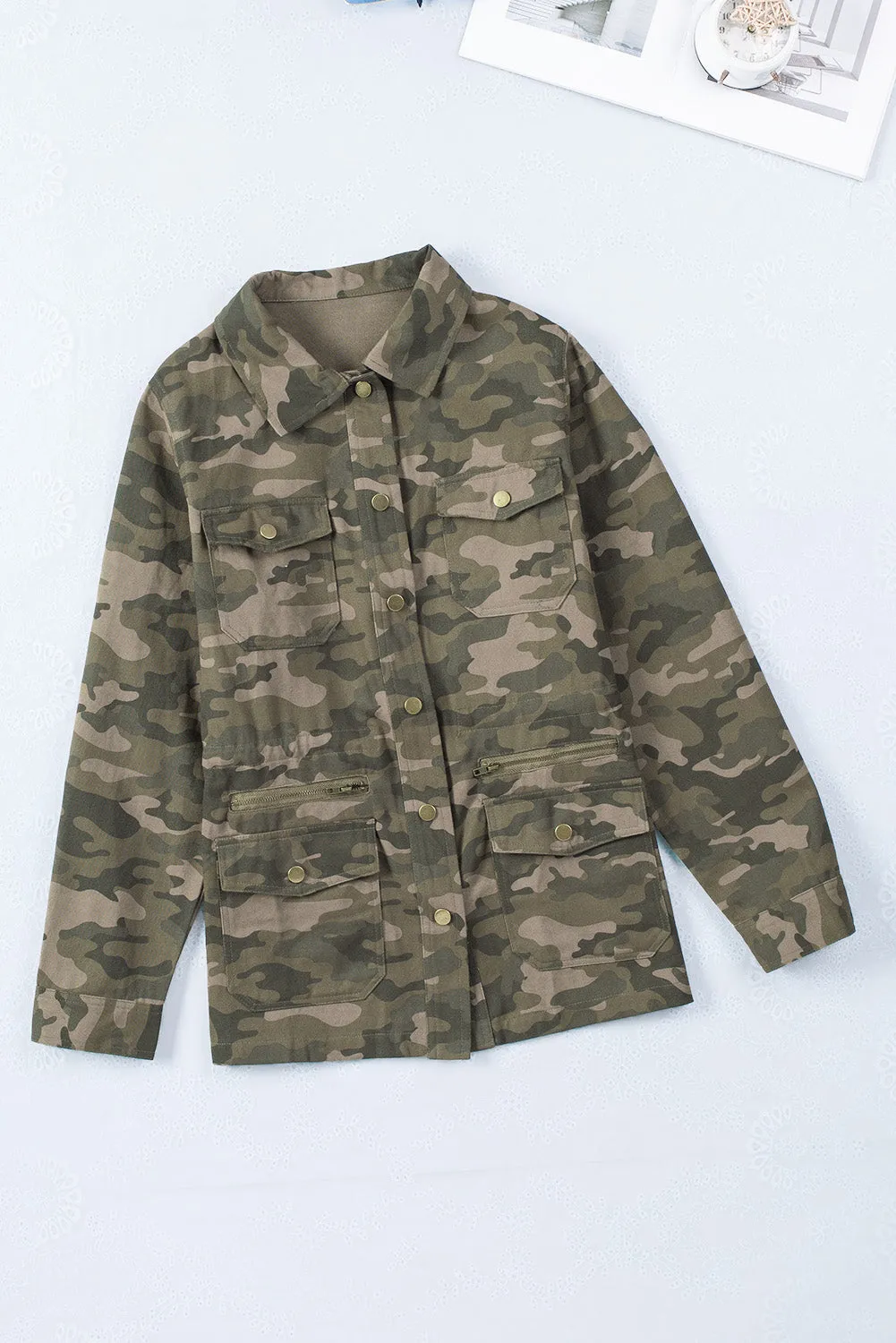 Camo Print Green Multi Pockets Button-up Jacket