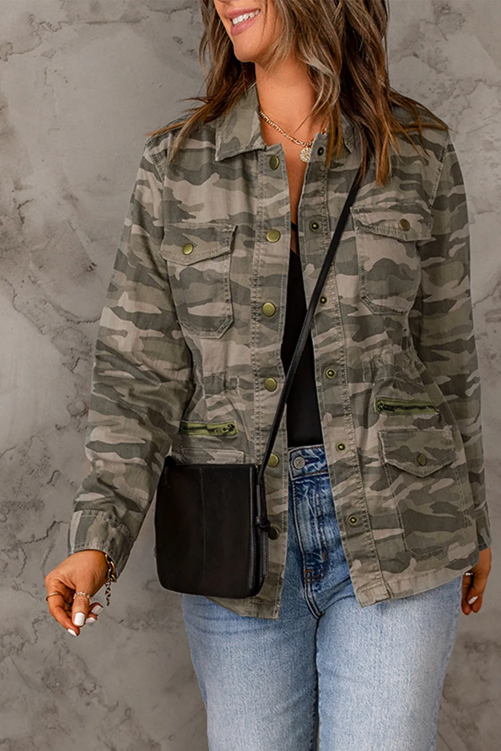 Camo Print Green Multi Pockets Button-up Jacket