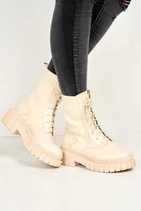 Carrie Chunky Lace-up Ankle Boots in Cream