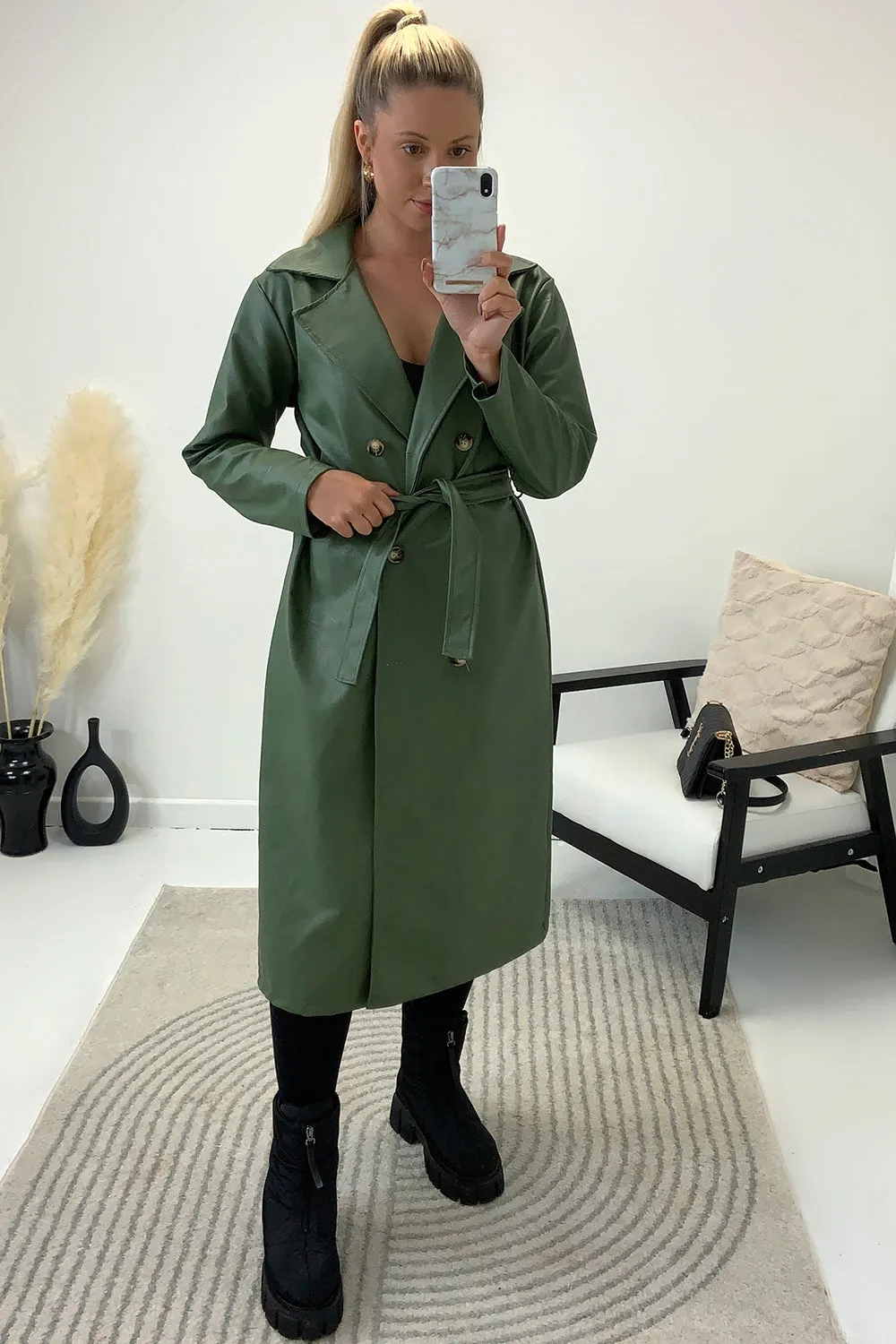 Casey Khaki PU Faux Leather Belted Trench Coat