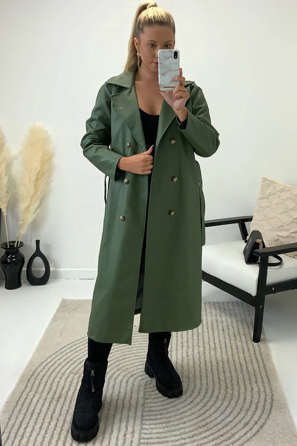 Casey Khaki PU Faux Leather Belted Trench Coat