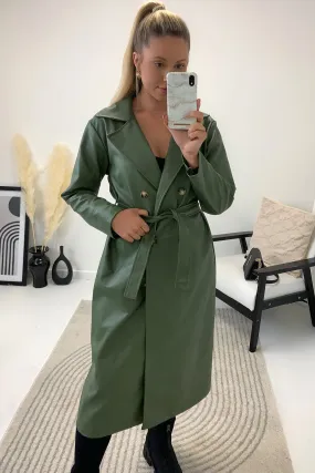 Casey Khaki PU Faux Leather Belted Trench Coat