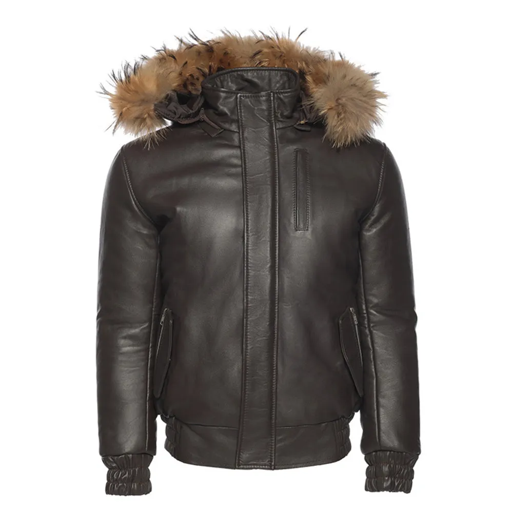 Castillo Brown winter leather jacket with hoodie