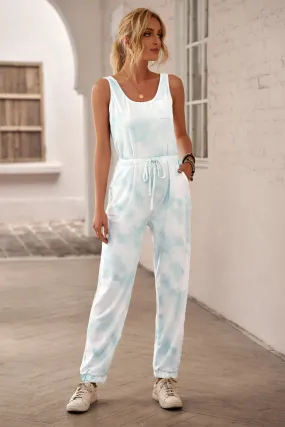 Casual Blue Tie Dye Drawstring Jogging Jumpsuit