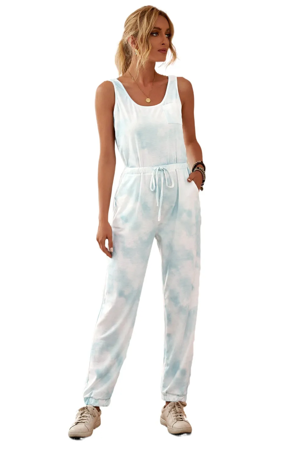 Casual Blue Tie Dye Drawstring Jogging Jumpsuit