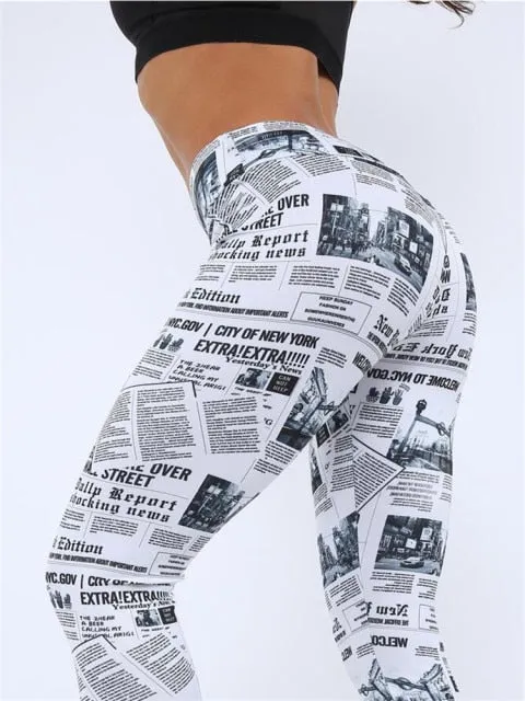 Casual Sexy Women Trouser Highstreet Newspaper Letter Print Workout Legging And Summer Fitness Sport Outfit