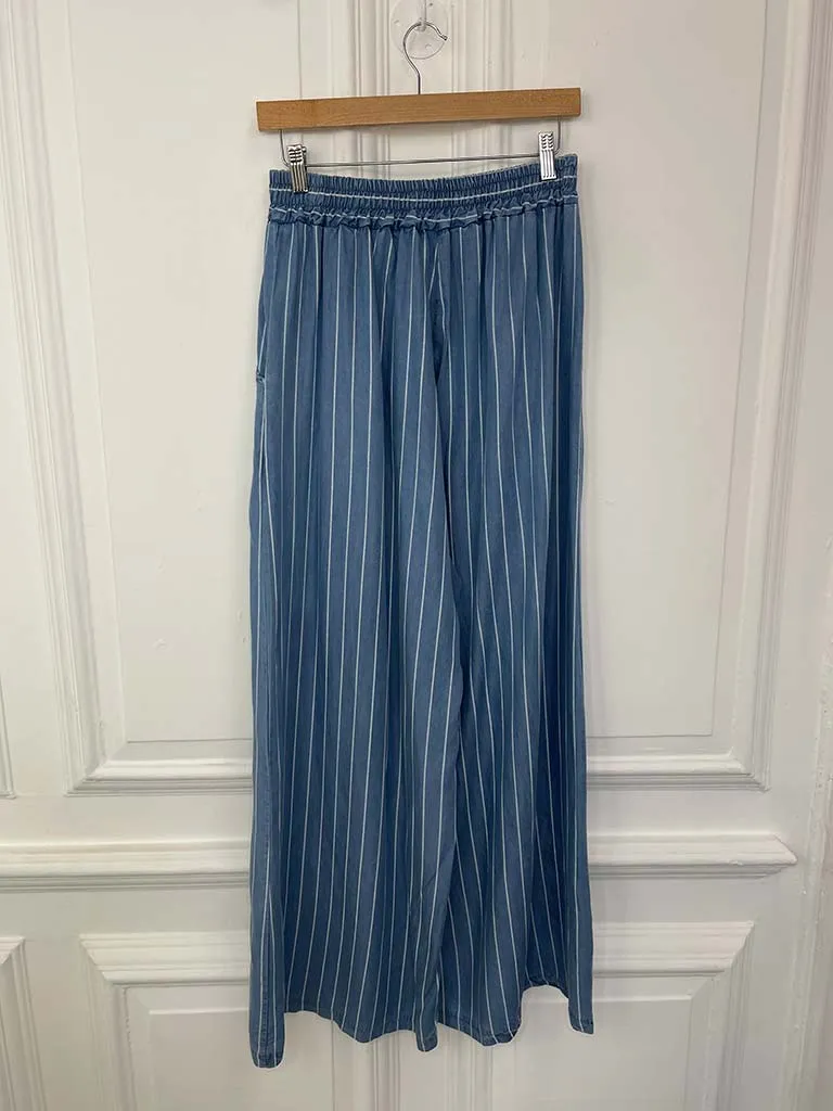 Chambray Pinstripe Palazzo Trousers - Light Denim