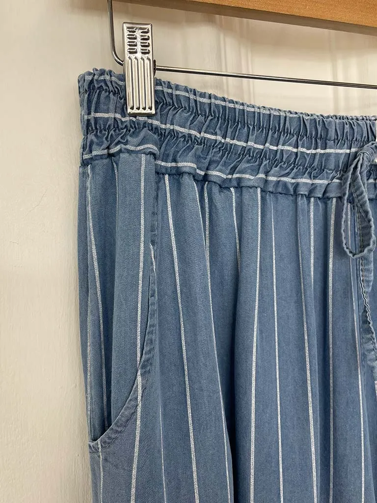 Chambray Pinstripe Palazzo Trousers - Light Denim