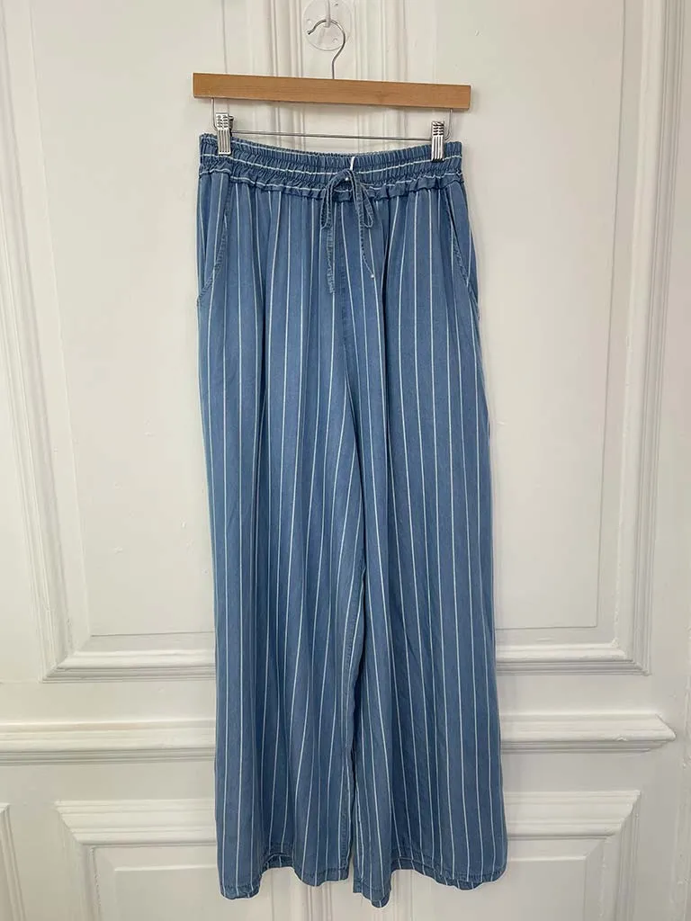 Chambray Pinstripe Palazzo Trousers - Light Denim