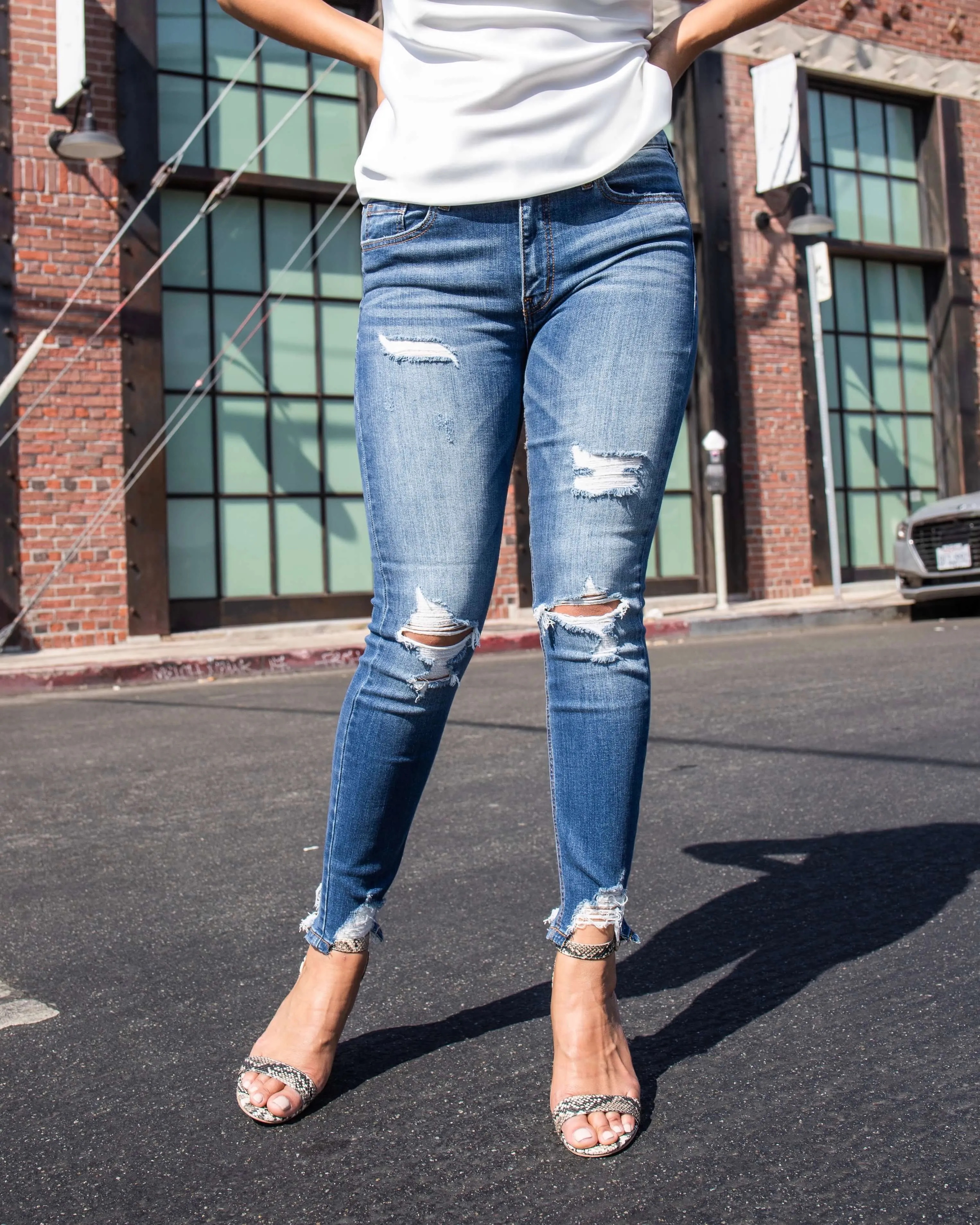 Clara Faded Medium Wash Distressed High Rise Cropped Skinny Jeans