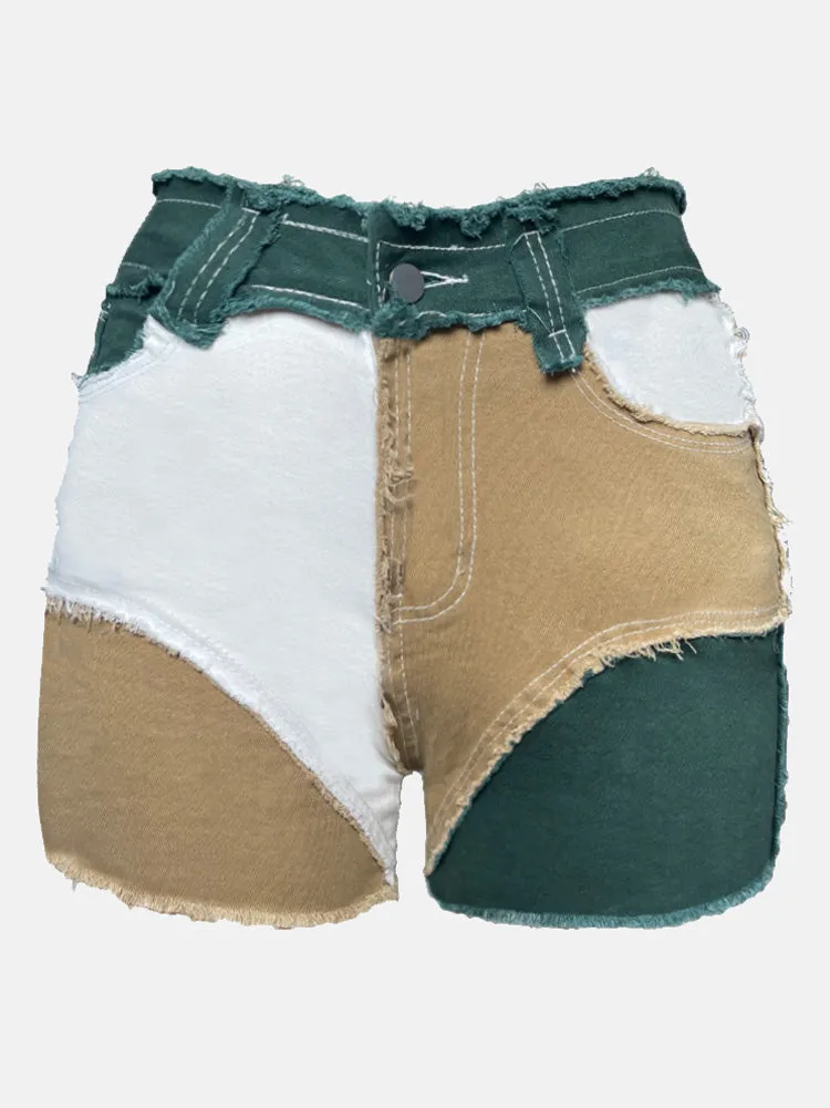 Colorblock Raw Hem Denim Shorts