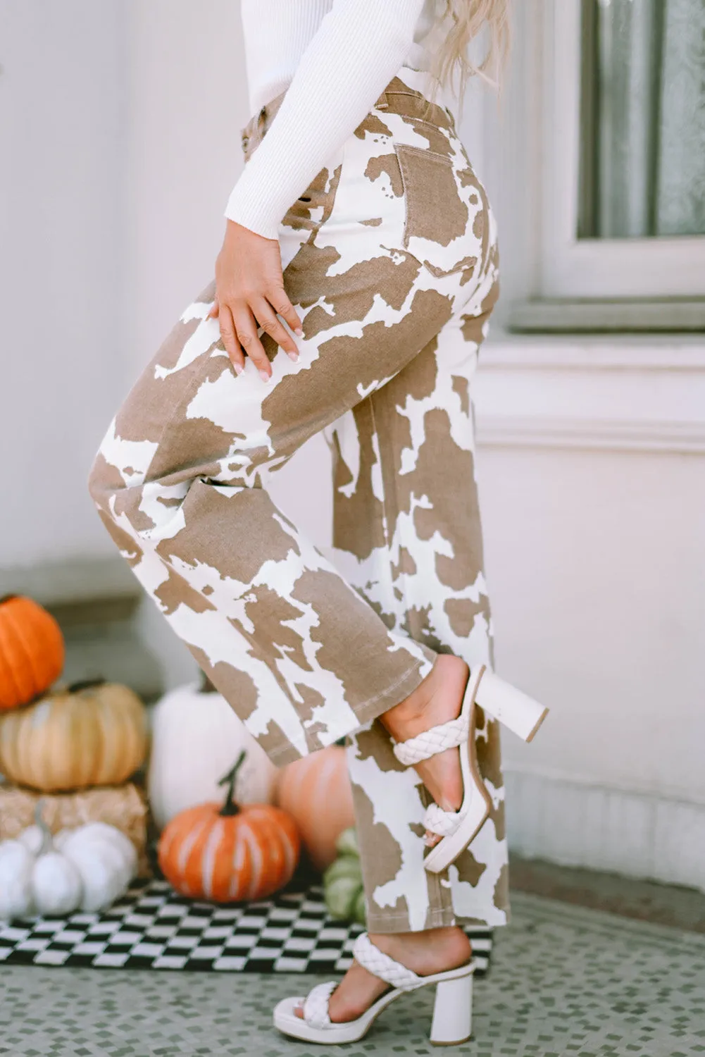 Cow Spot Print Pocketed Jeans