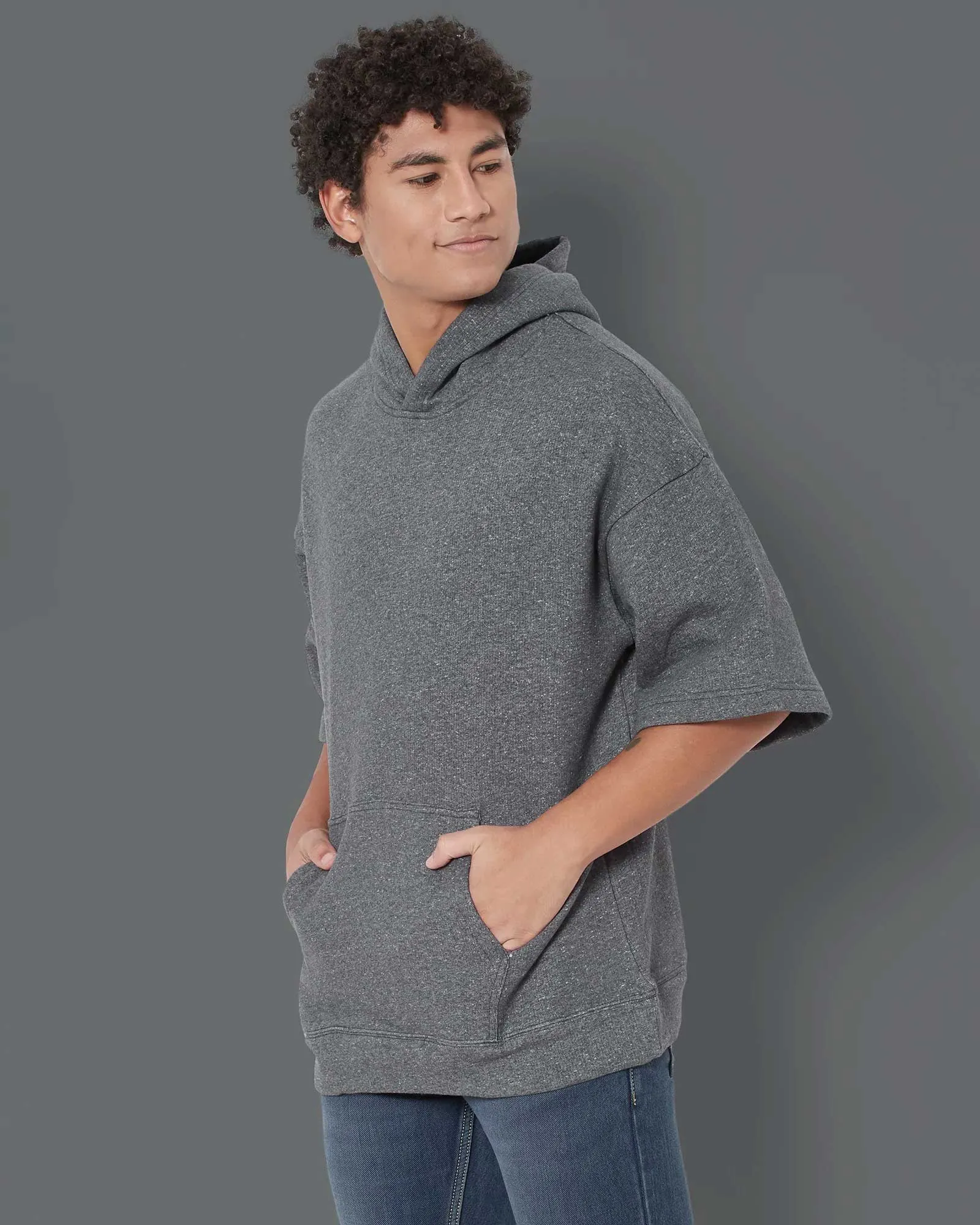 Crop Sleeves Oversized Hoodie: Granite Melange