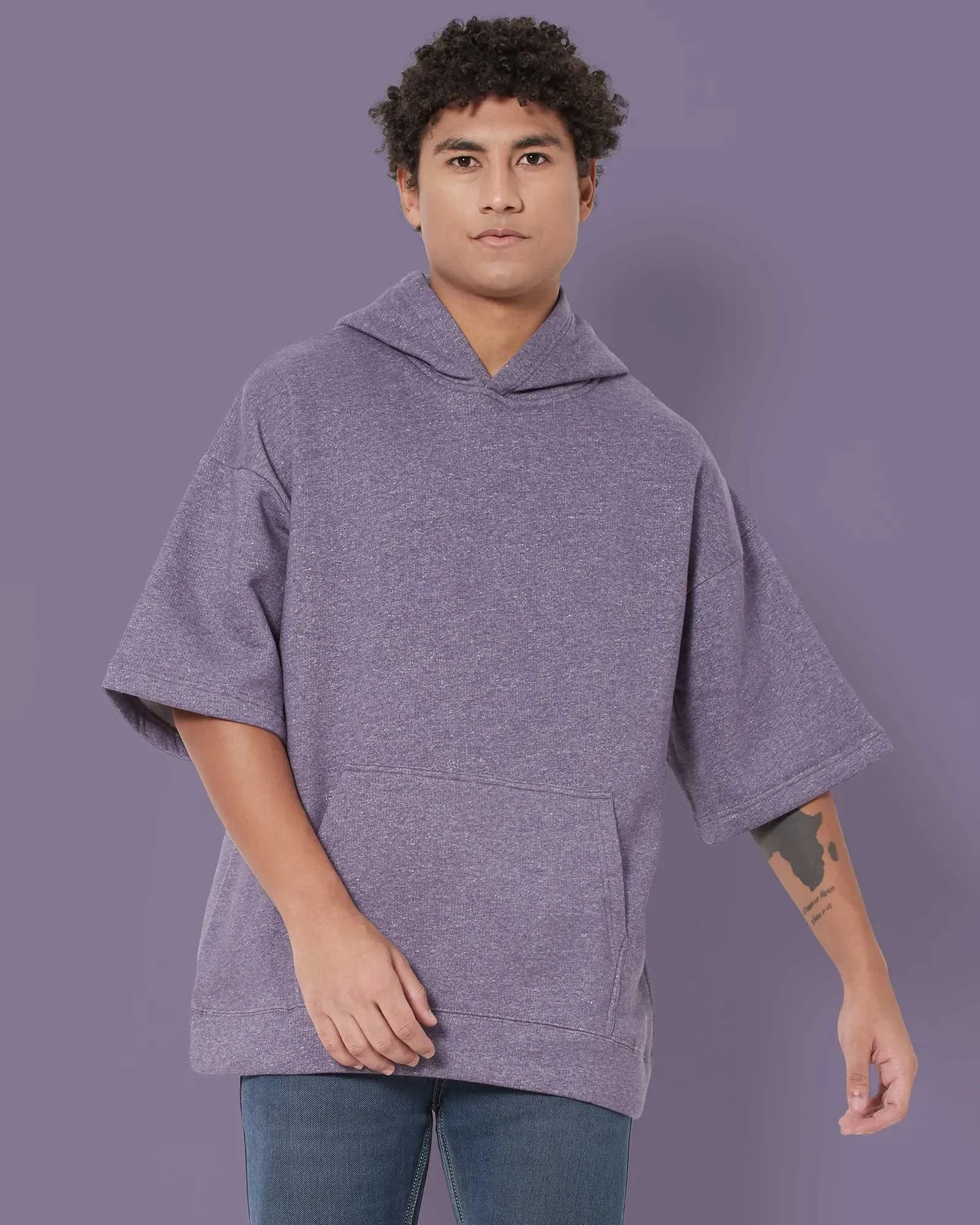 Crop Sleeves Oversized Hoodie: Plum Melange