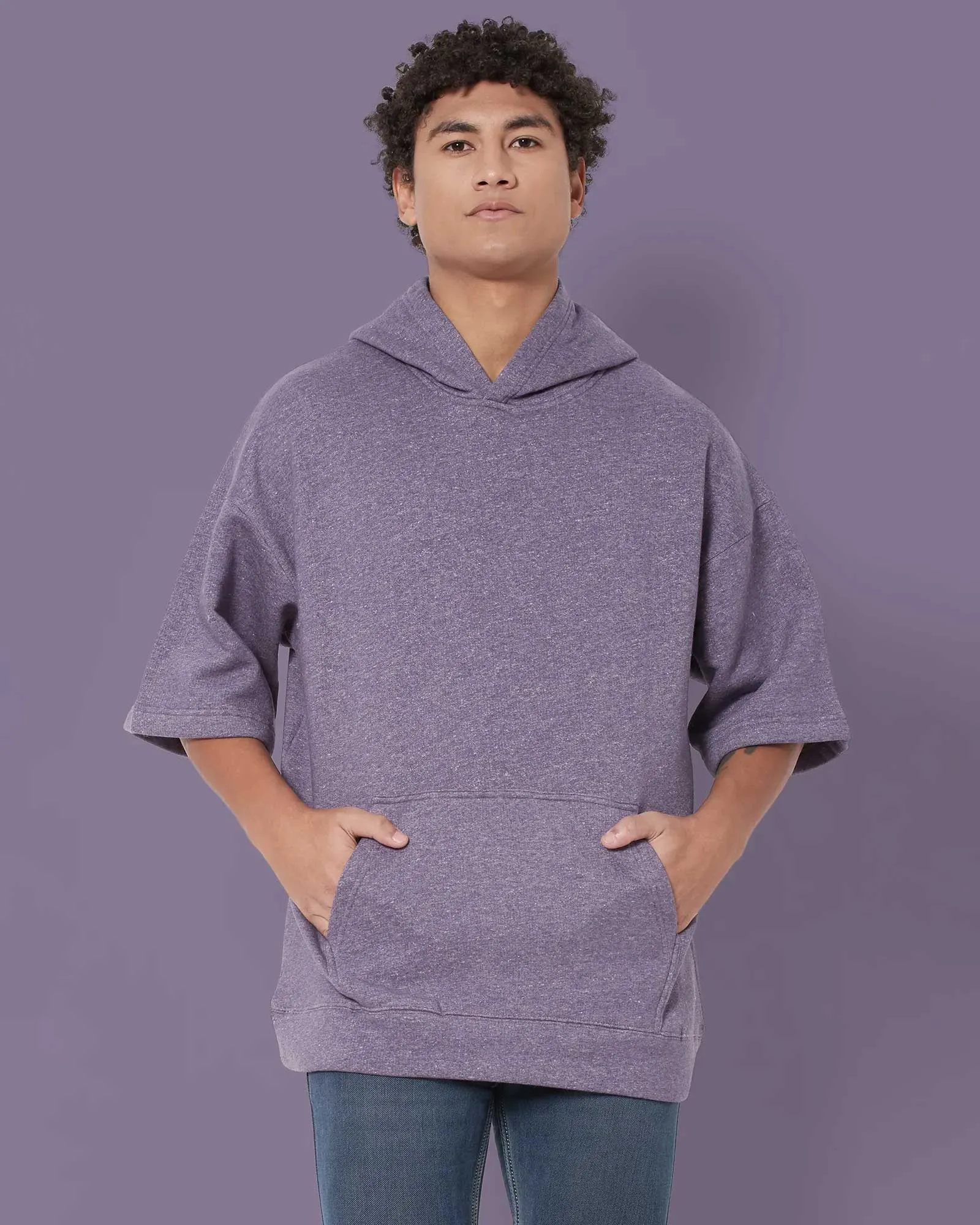 Crop Sleeves Oversized Hoodie: Plum Melange