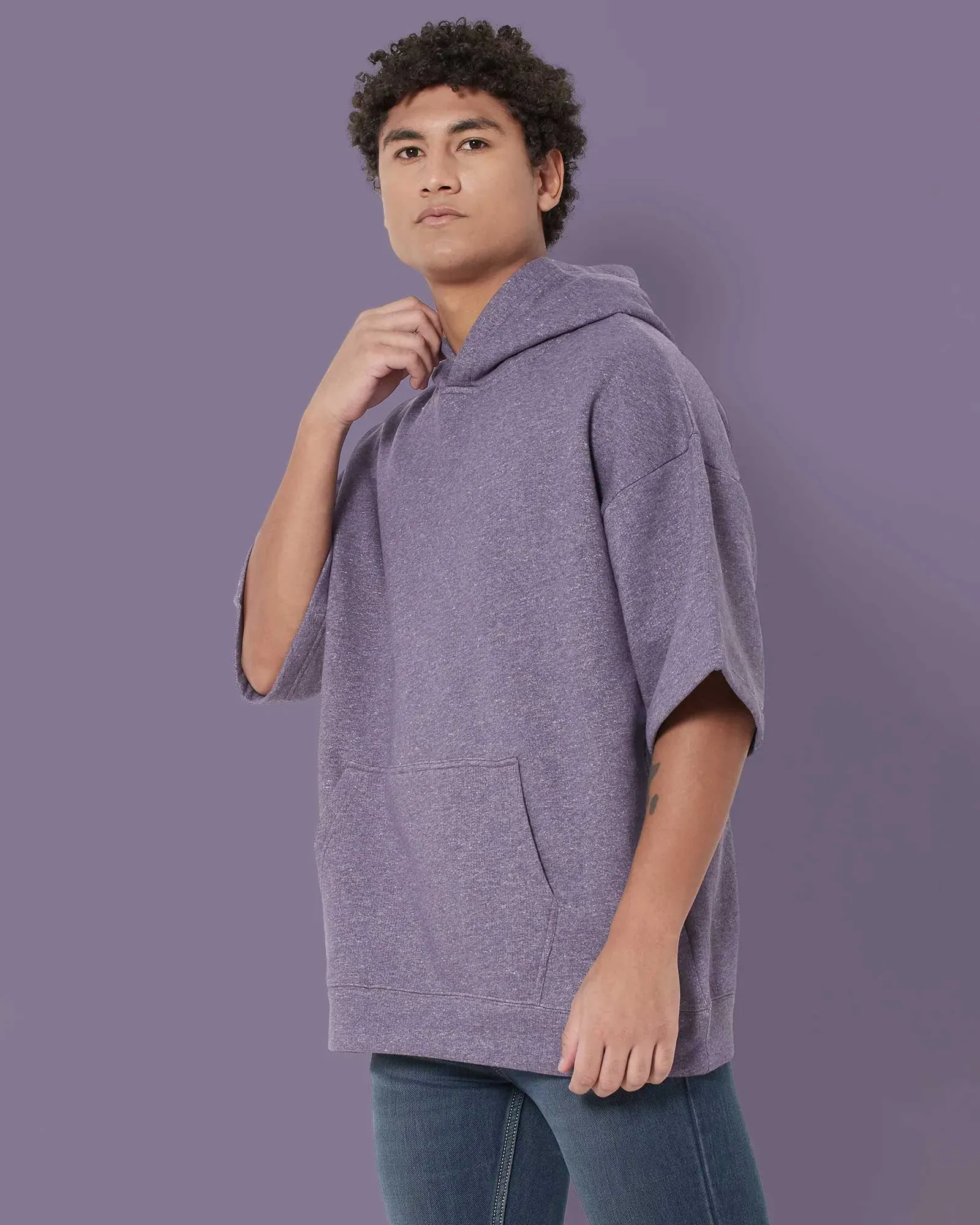 Crop Sleeves Oversized Hoodie: Plum Melange