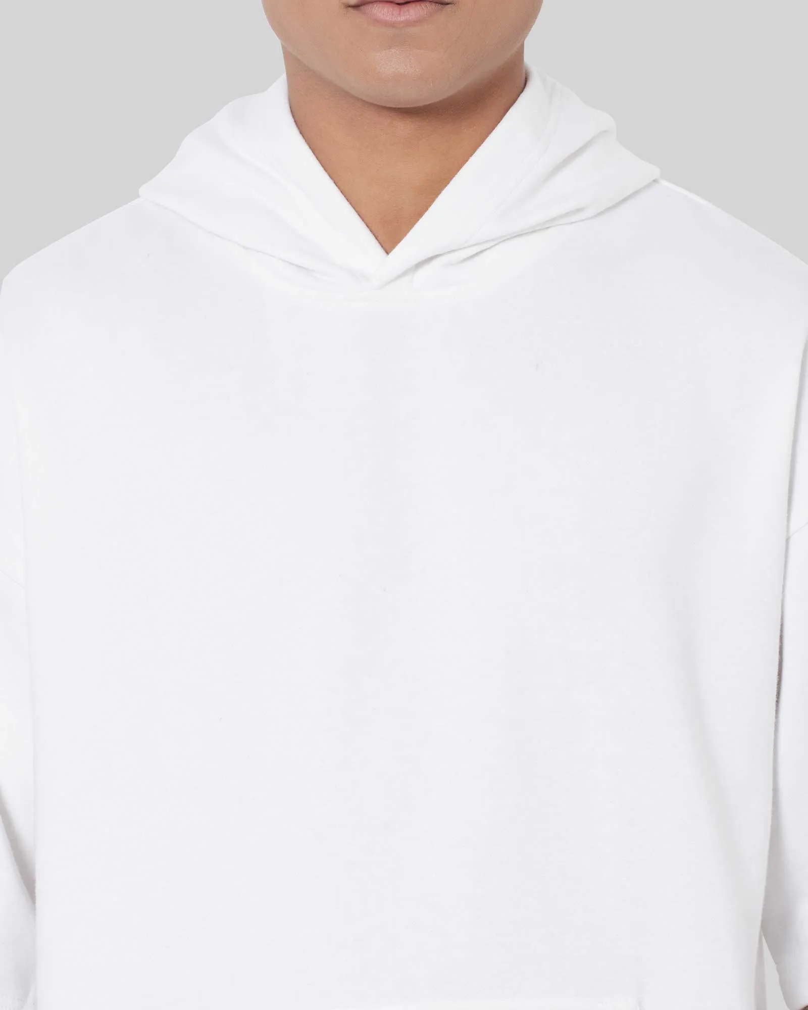 Oversized Solid White Hoodie with Cropped Sleeves