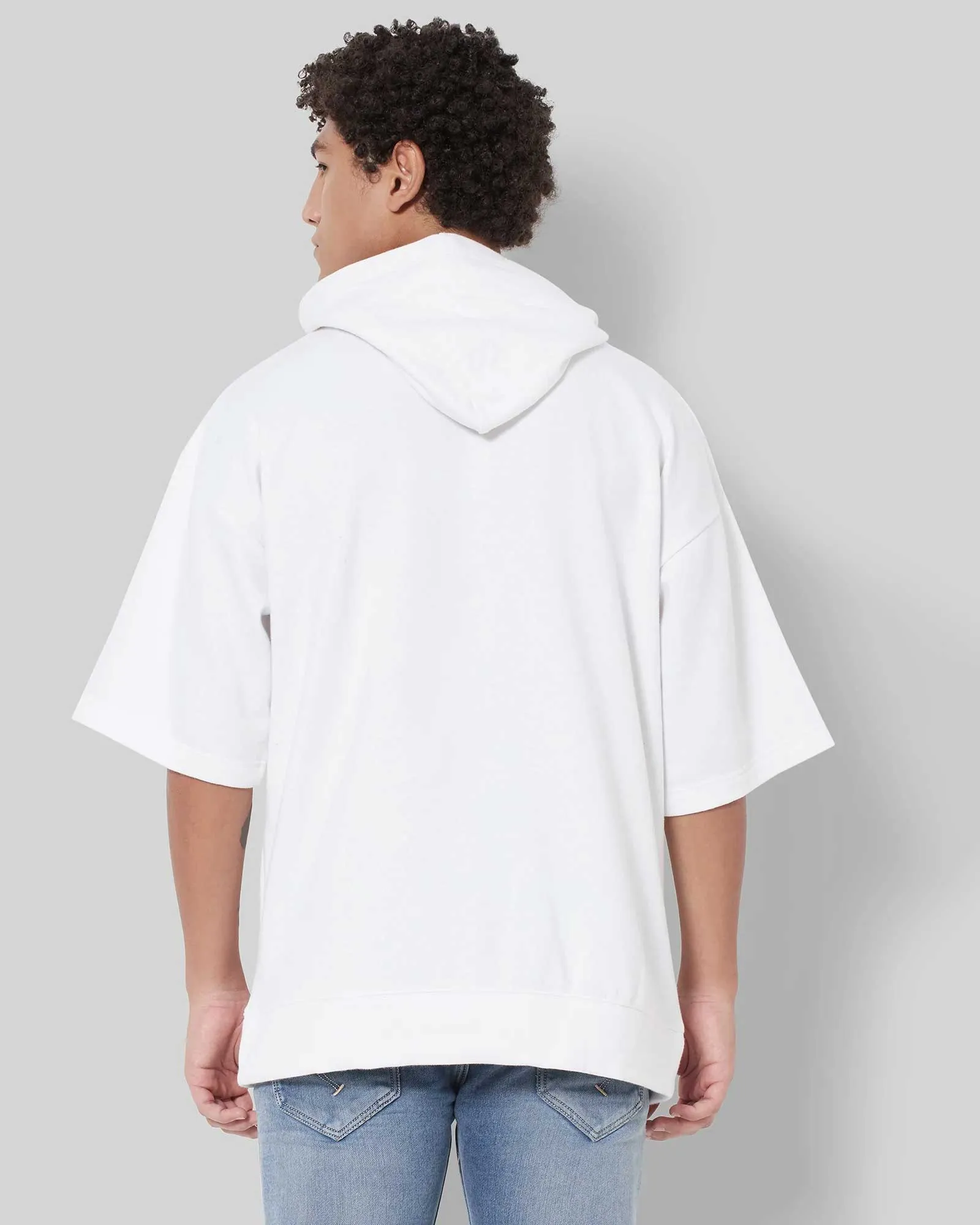 Oversized Solid White Hoodie with Cropped Sleeves